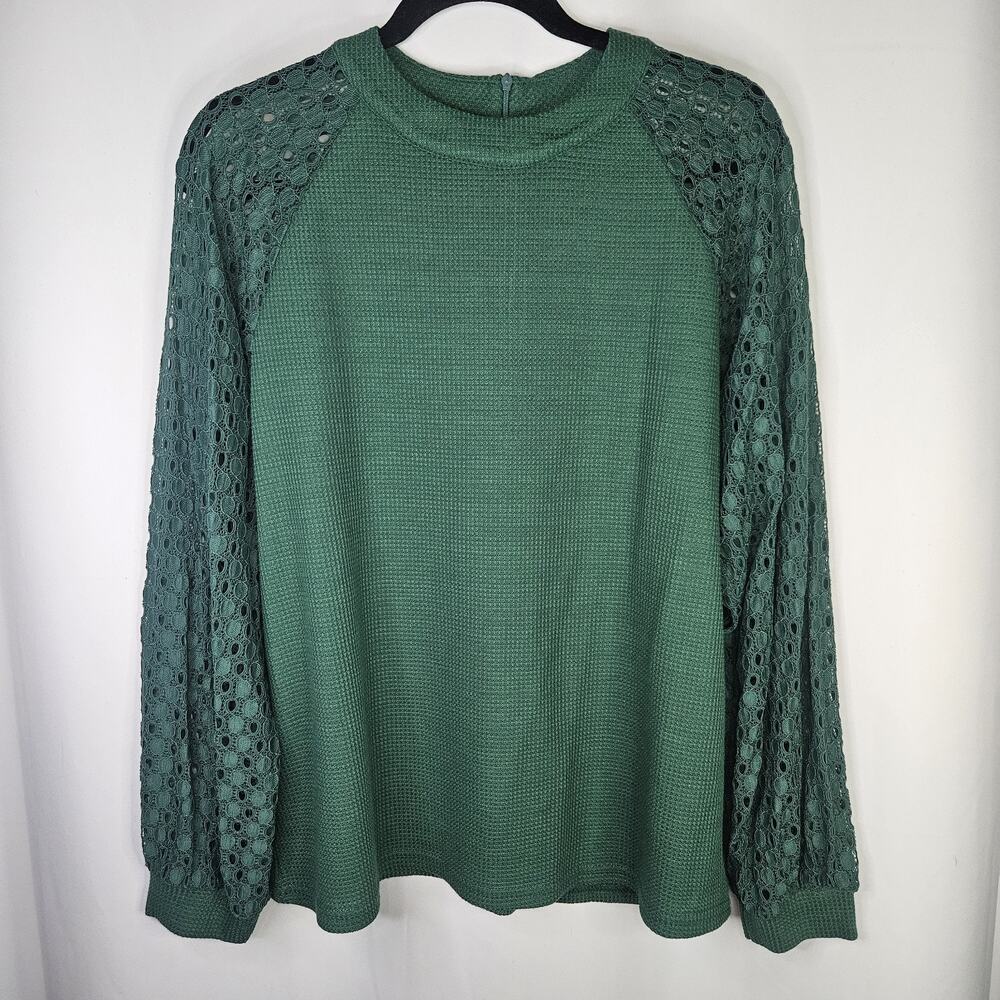 IWOLLENCE Women's Waffle Knit Blouse Lace Sleeves Henley Loose Fitting XL Green